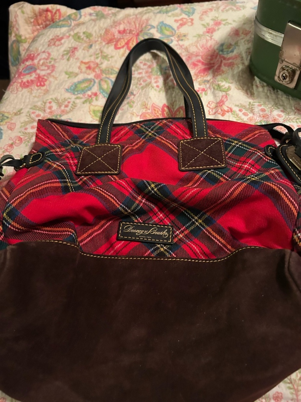 Dooney & Bourke Red Plaid Tote with Brown Trim